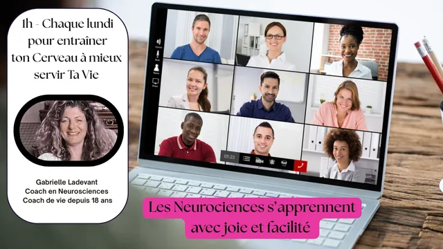 Affiche du cours de neurosciences du lundi avec Gabrielle Ladevant et une visioconférence affichée sur un ordinateur