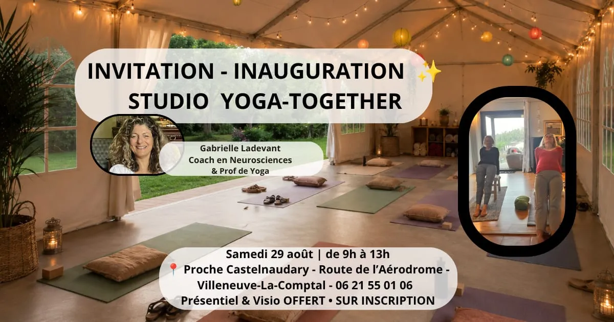 Invitation à l'inauguration du studio Yoga-Together, avec le nouvel espace de yoga ouvert sur le jardin et un portrait de Gabrielle Ladevant