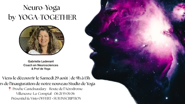 Affiche Neuro-Yoga avec Gabrielle Ladevant et une silhouette de profil sur un fond cosmique violet