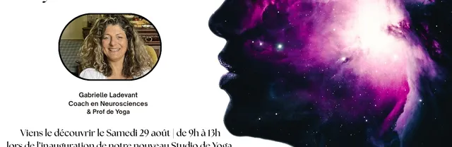 Affiche Neuro-Yoga avec Gabrielle Ladevant et une silhouette de profil sur un fond cosmique violet