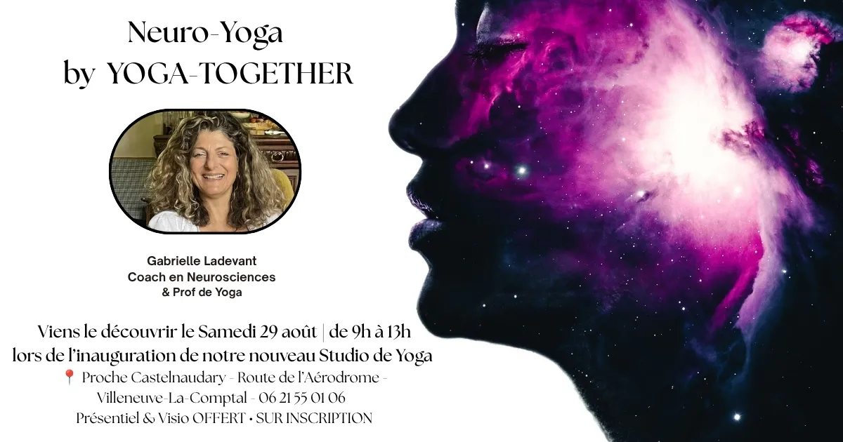 Affiche Neuro-Yoga avec Gabrielle Ladevant et une silhouette de profil sur un fond cosmique violet