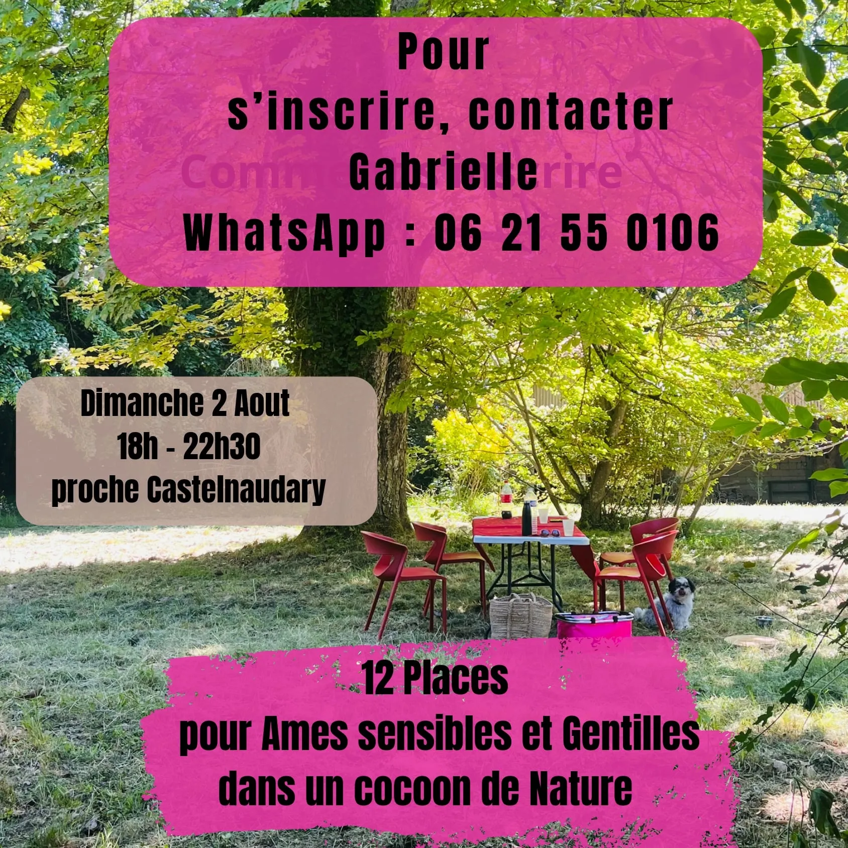 Comment s'inscrire : contacter Gabrielle sur WhatsApp — 12 places disponibles