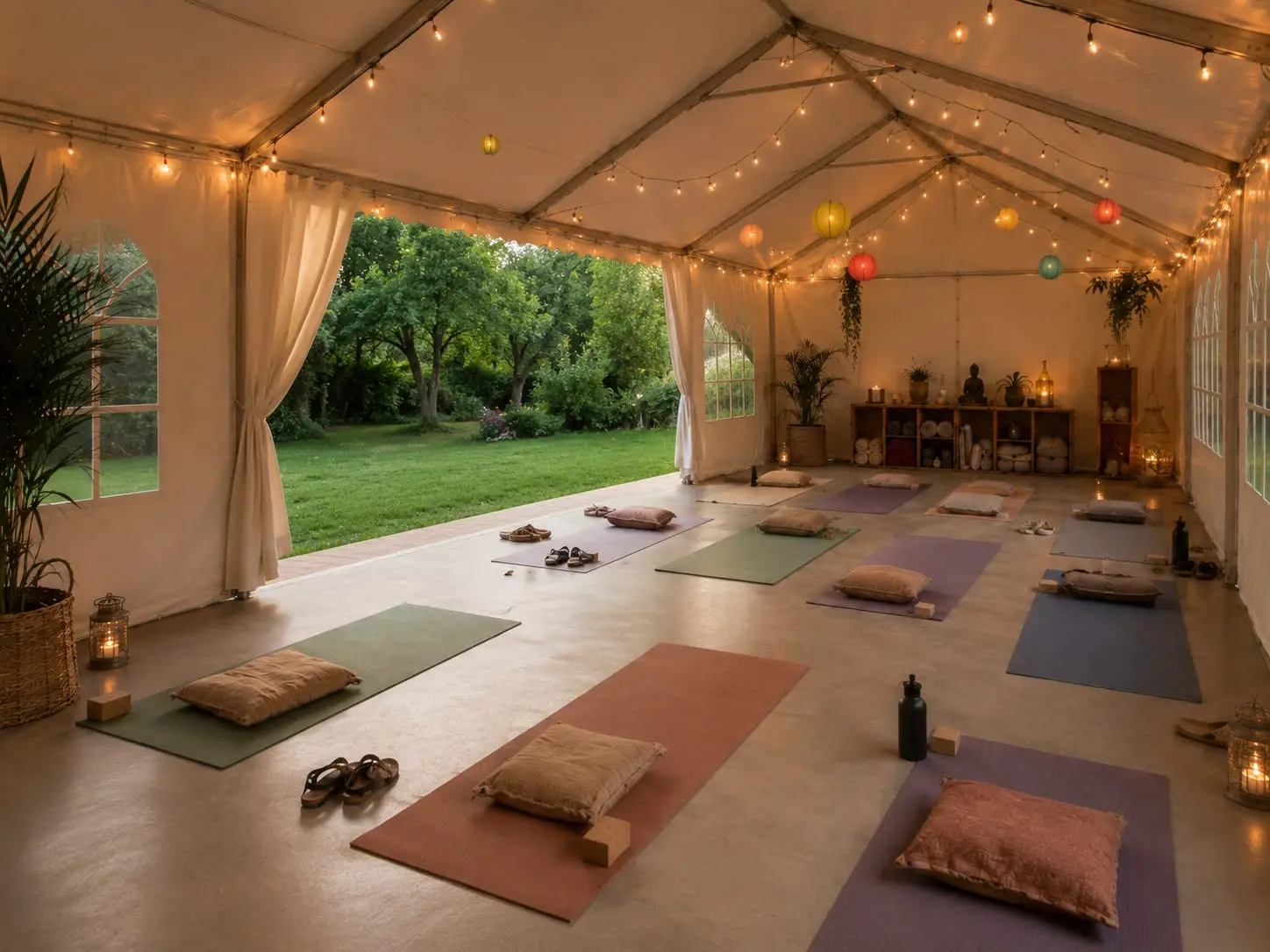 Studio de yoga ouvert sur un jardin, avec tapis, coussins et guirlandes lumineuses