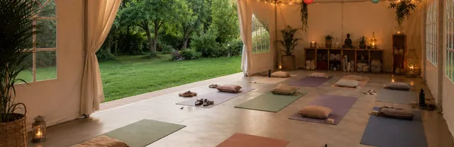 Studio de yoga ouvert sur un jardin, avec tapis, coussins et guirlandes lumineuses