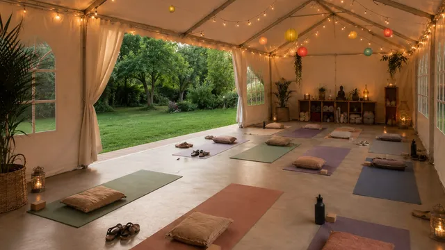 Studio de yoga ouvert sur un jardin, avec tapis, coussins et guirlandes lumineuses